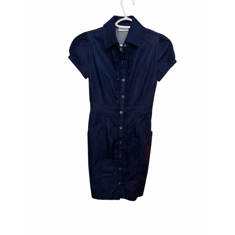 New York & Company Womens Dress XS Blue Denim Style Button Up Cap Sleeve Collar